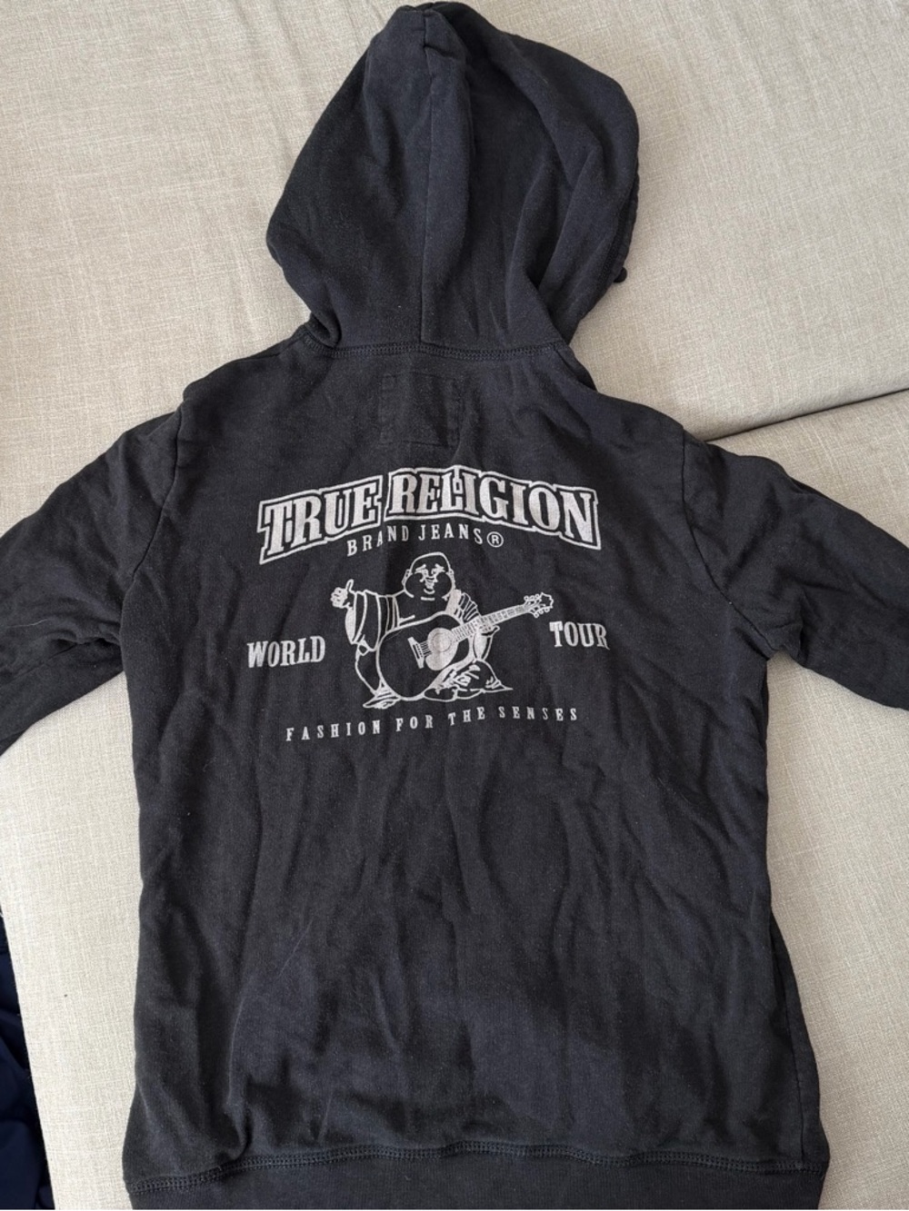 True Religion Black World Tour Zip Up Hoodie Buddha Guitar Logo Y2K